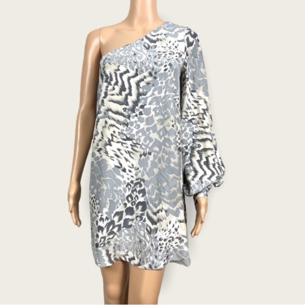 Elizabeth & James Animal Print One Shoulder Cocktail Dress Mob Wife Silk Size 2 - Picture 2 of 11